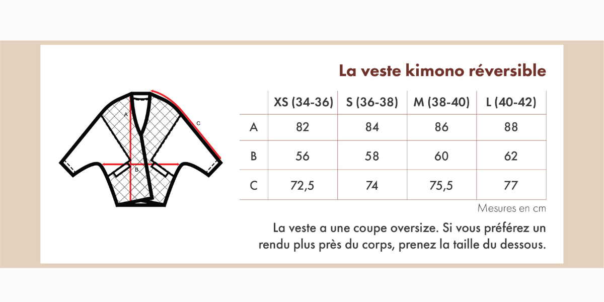 Guide des tailles veste kimono réversible